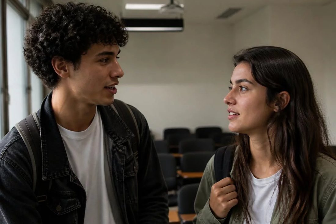 Dois estudantes de mochila continuam a discussão no corredor depois da sessão