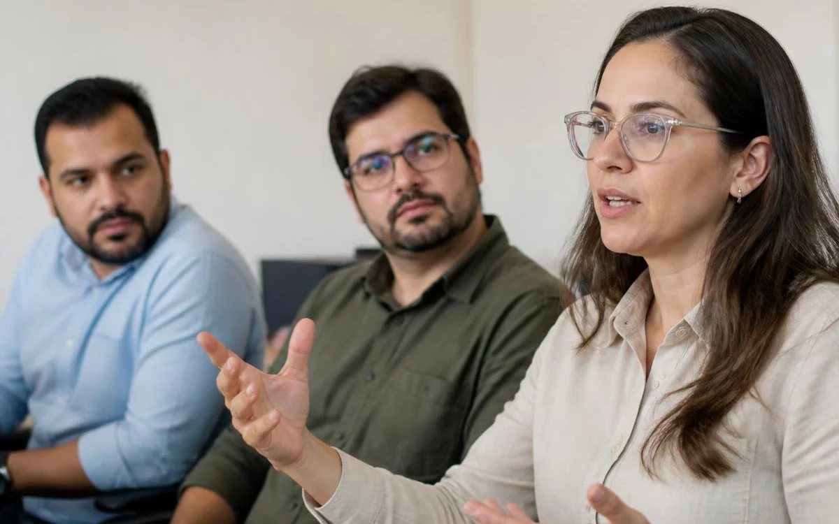 Roda de conversa numa sala clara, com uma pessoa expondo o ponto e duas escutando