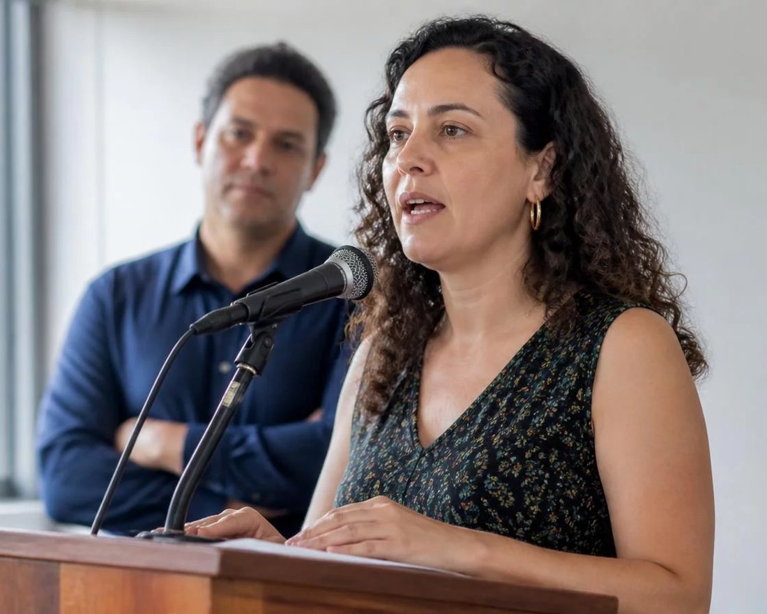 Participante ergue a mão para pedir a palavra numa mesa coberta de folhas anotadas